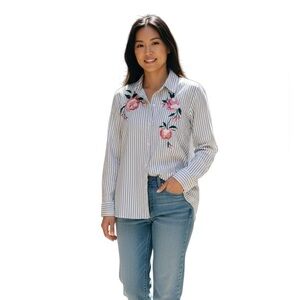Rails Nevin pinstripe cotton embroidered floral cottage core coastal shirt